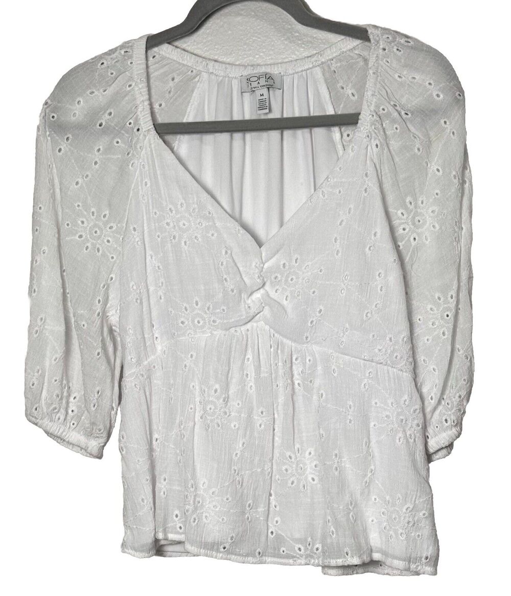 Sofia Vergara Women's White Eyelet V-Neck Lined Top Balloon Sleeves Medium NWOT